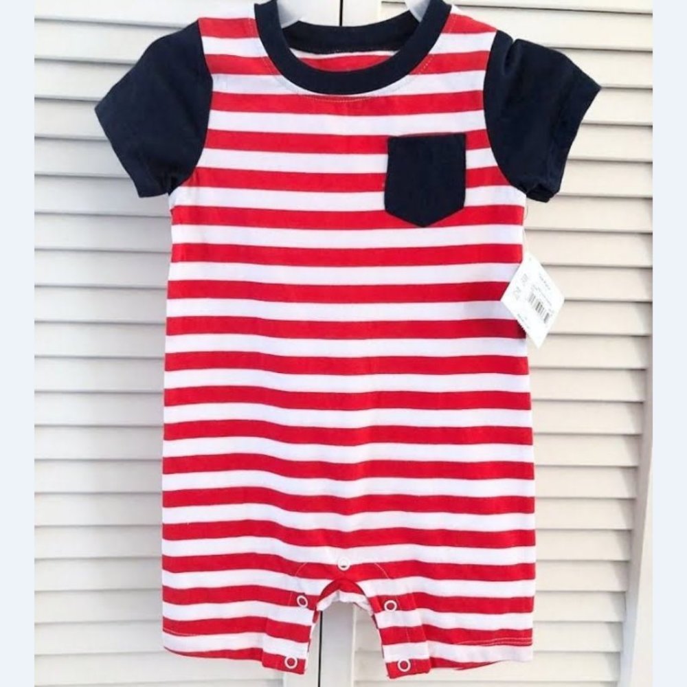 5/$20 NEW 24M Boys Red White & Blue Striped Shorts Romper